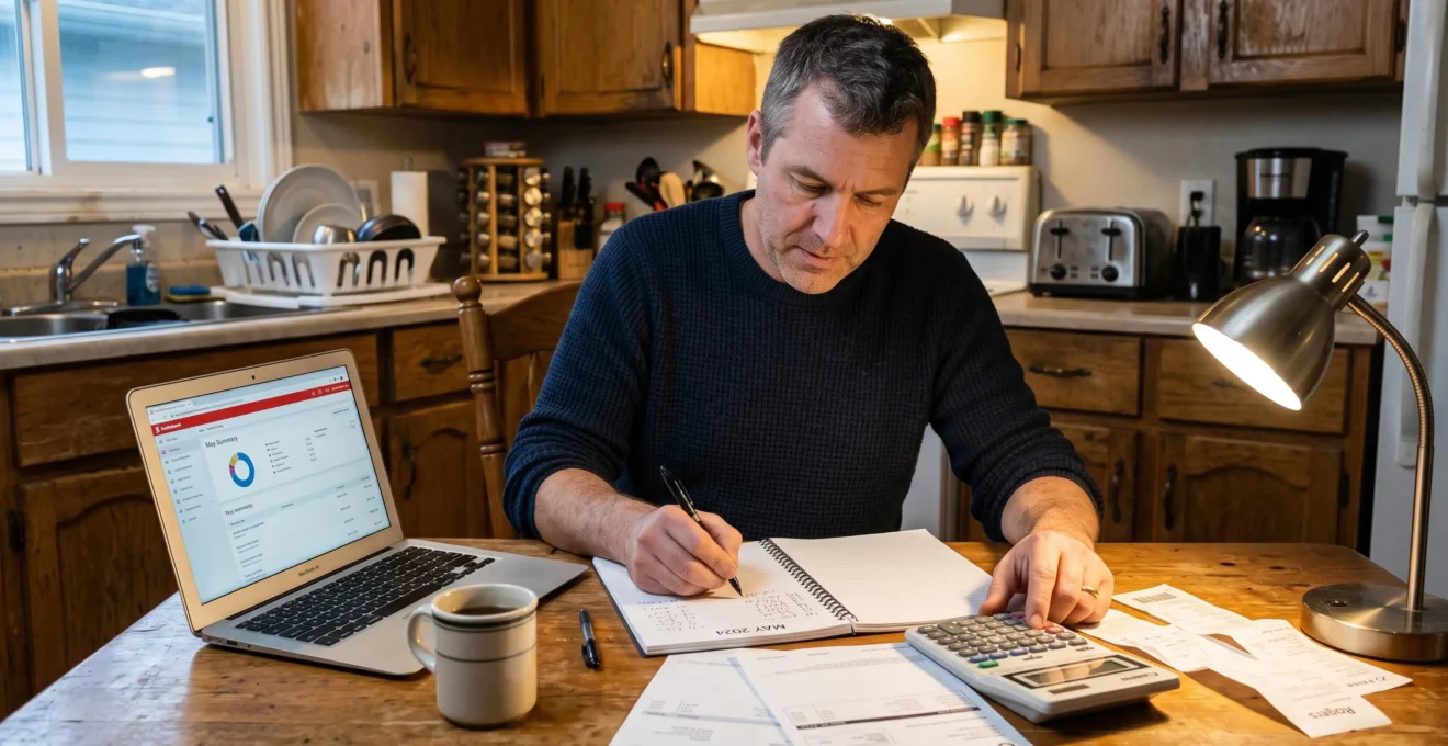Un travailleur autonome calcule son budget mensuel à la table de sa cuisine, un carnet, une calculatrice et un ordinateur portable ouverts devant lui en fin de journée.