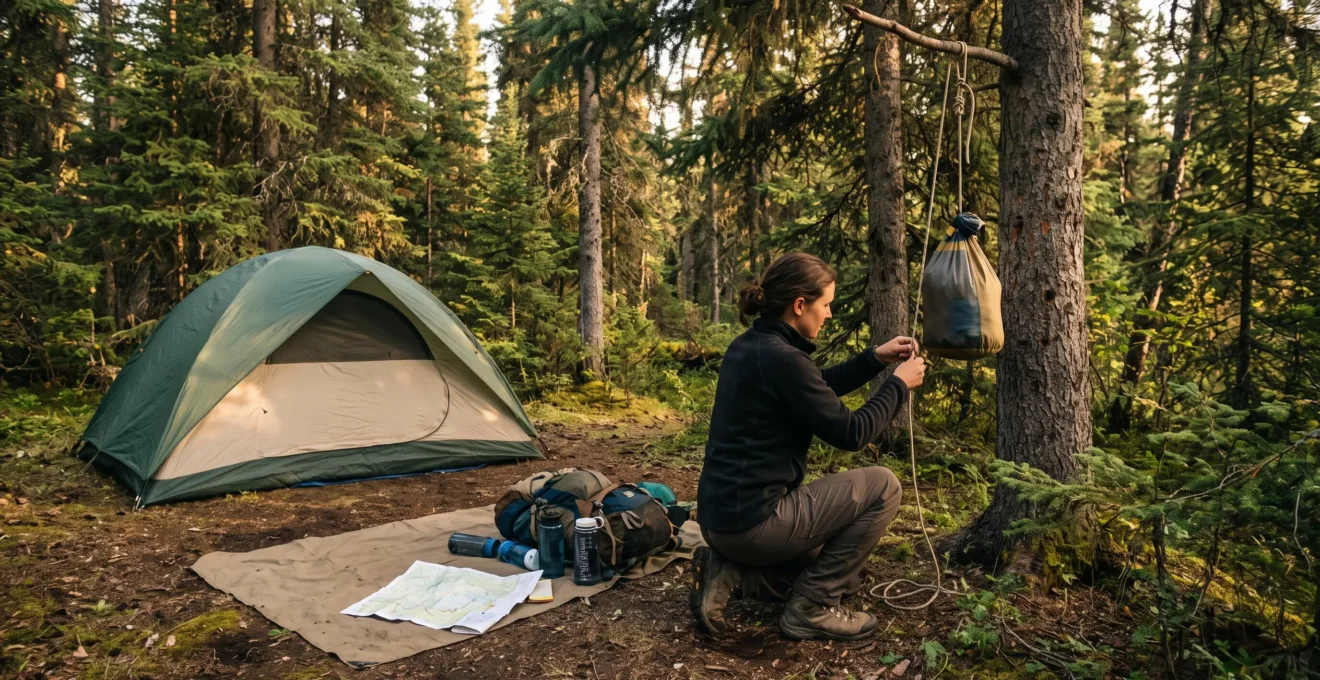 Un campeur attache un sac de nourriture suspendu à une corde contre un arbre dans un campement aménagé en forêt canadienne, à côté d'une tente montée sur un sol plat.