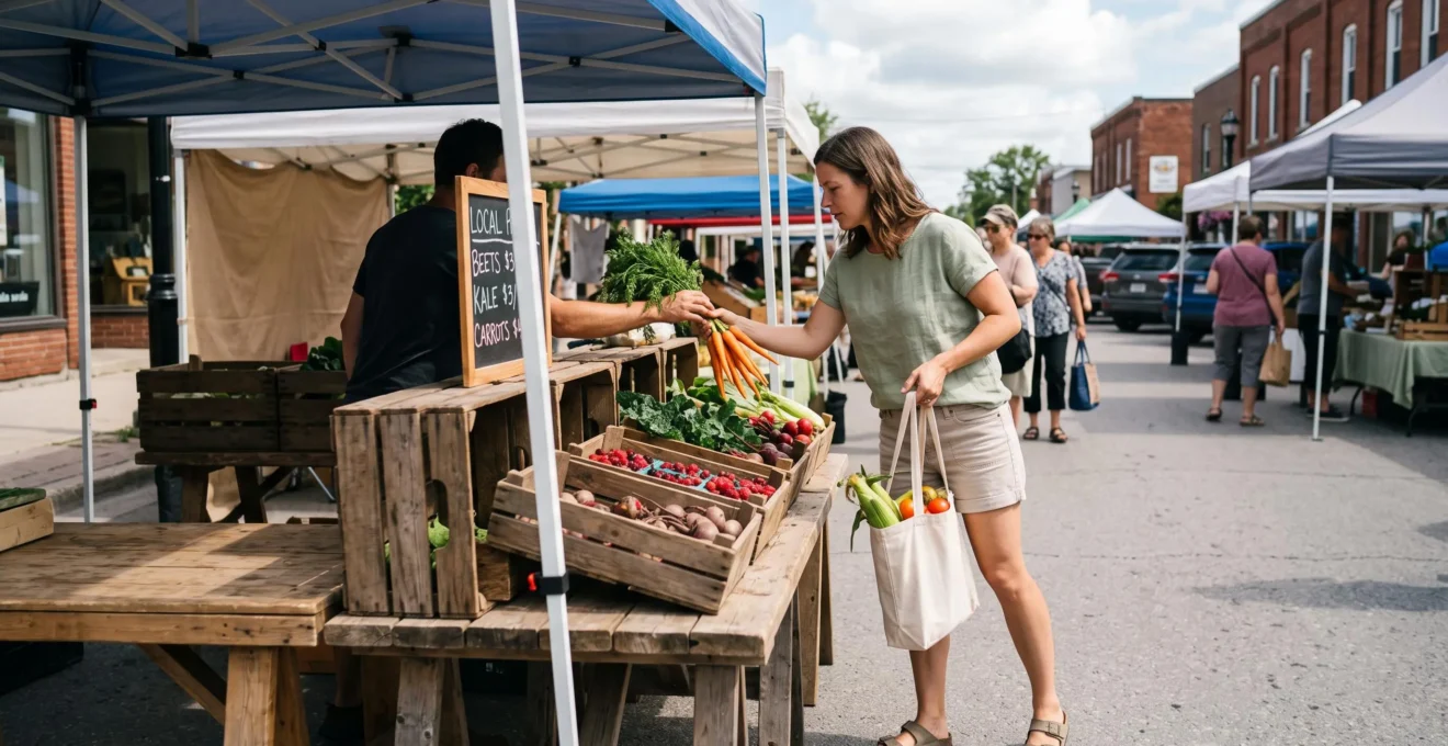 Une cliente examine des légumes et des petits fruits locaux présentés en caisses de bois sur un étal de marché public en pleine saison.