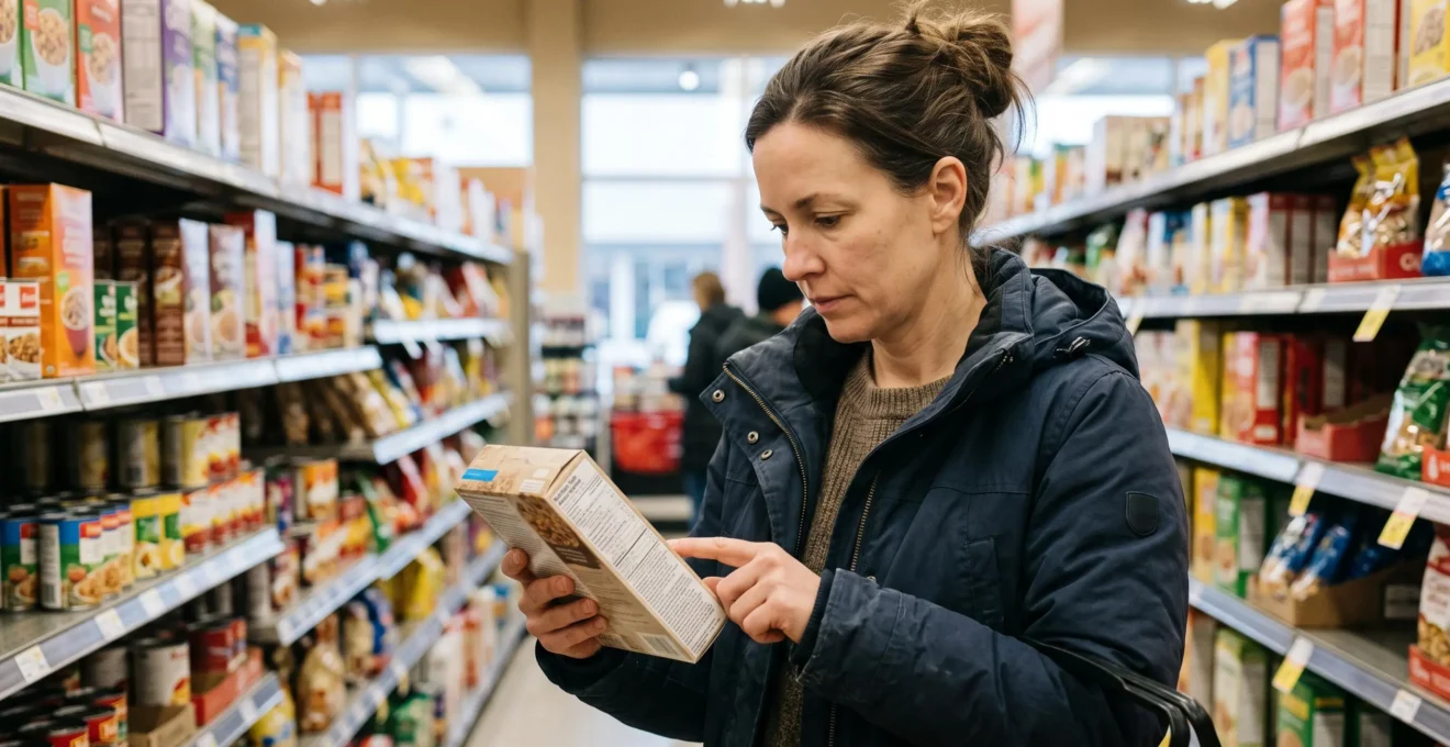 Une cliente retourne un emballage alimentaire en épicerie pour lire les mentions inscrites au dos.