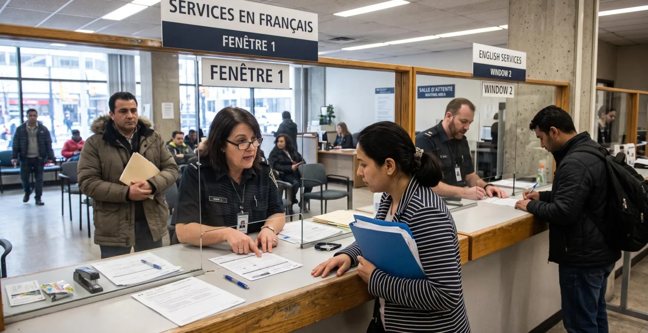 Un employé d'un comptoir de services publics canadiens aide un client à déposer des documents pendant qu'une autre personne attend derrière lui.