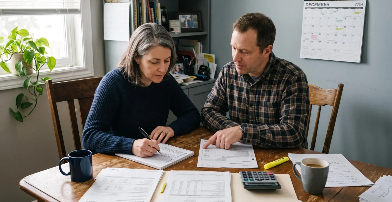 Un couple assis à une table de salle à manger compare un avis de cotisation et des montants notés dans un carnet pour planifier ses cotisations de retraite.
