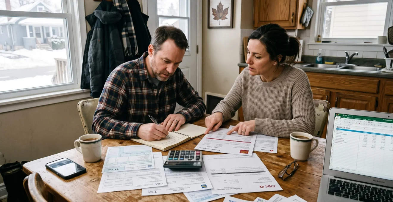 Un couple canadien examine ses documents financiers autour d'une table de cuisine et compare ses priorités budgétaires à l'aide d'une calculatrice et d'un carnet.