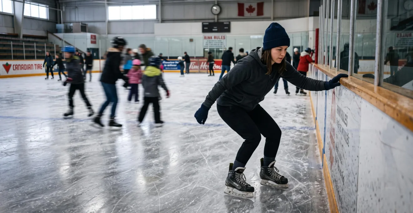 Un adulte débutant apprend à s'équilibrer sur des patins au bord de la glace dans une patinoire publique canadienne.