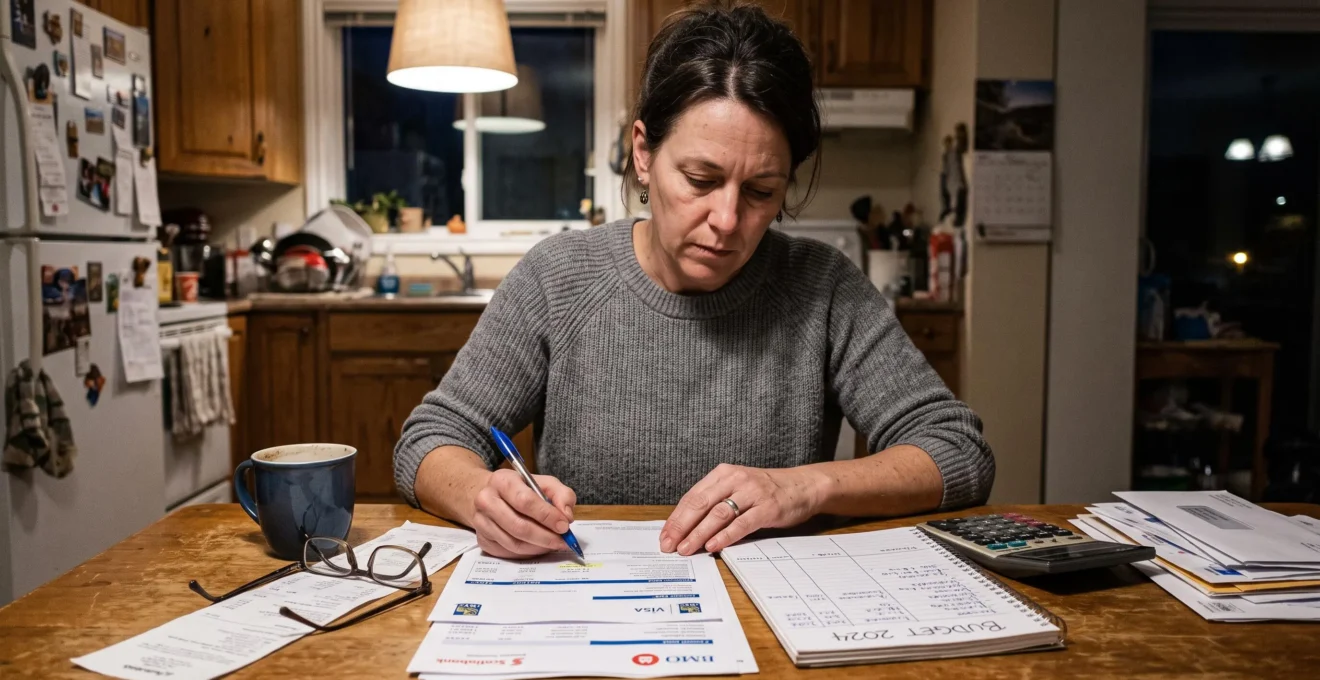 Une personne assise à la table de sa cuisine examine ses relevés de carte de crédit avec une calculatrice et un carnet de budget à portée de main.