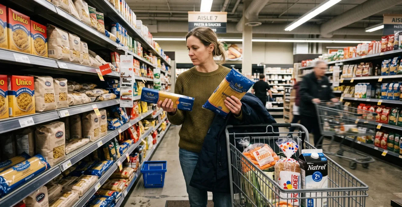 Une femme compare deux formats de paquets de pâtes dans une allée d'épicerie, son panier à côté d'elle.