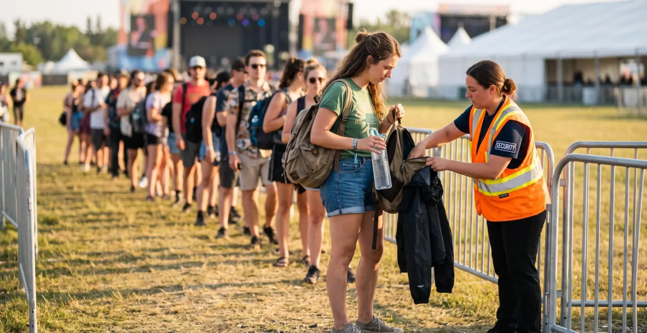 Un festivalier fait contrôler son sac léger à l'entrée d'un festival de musique en plein air, gourde réutilisable à la main.