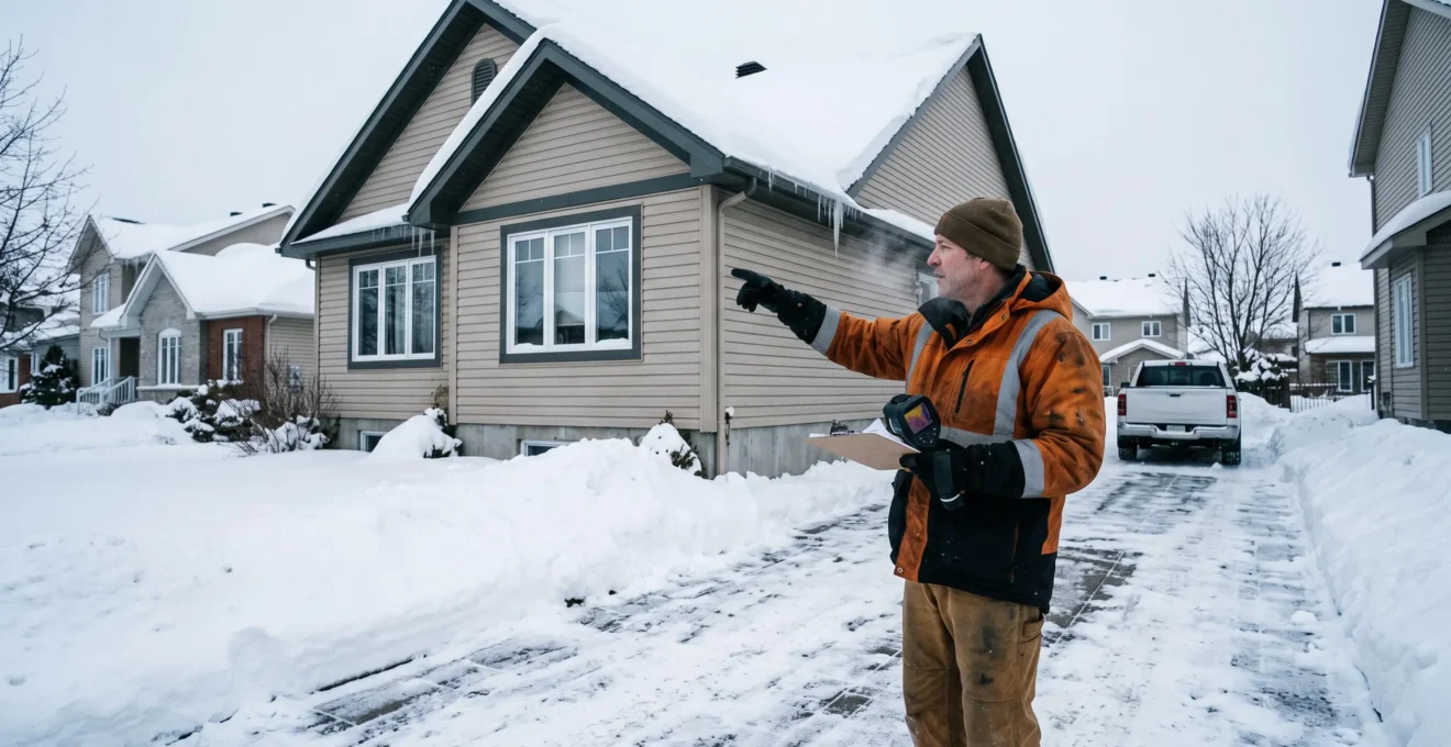 Un inspecteur examine l'enveloppe extérieure d'une maison canadienne enneigée avec une caméra thermique et un presse-papiers.