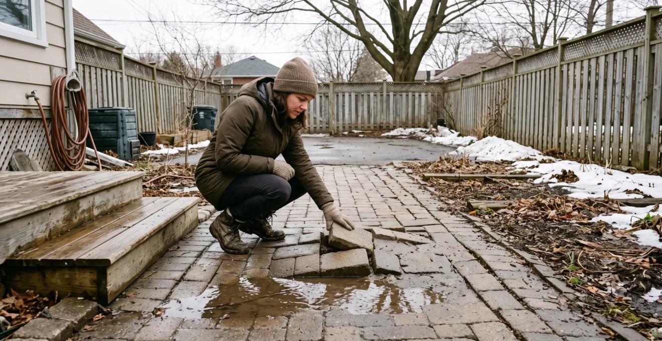 Une femme inspecte des pavés déplacés et inégaux sur une allée résidentielle au dégel du printemps au Canada.