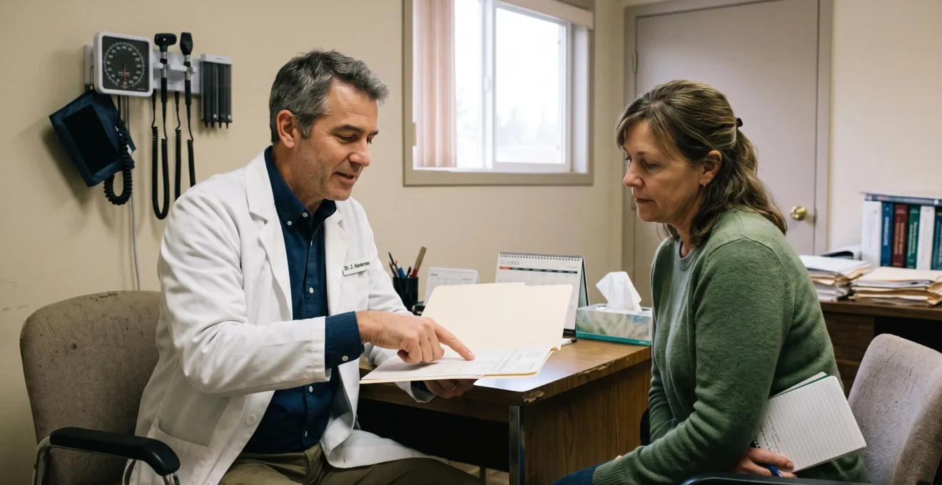 Un médecin de famille assis à son bureau de clinique explique un dossier médical papier à une patiente assise en face de lui, dans une salle de consultation éclairée par la lumière du jour.