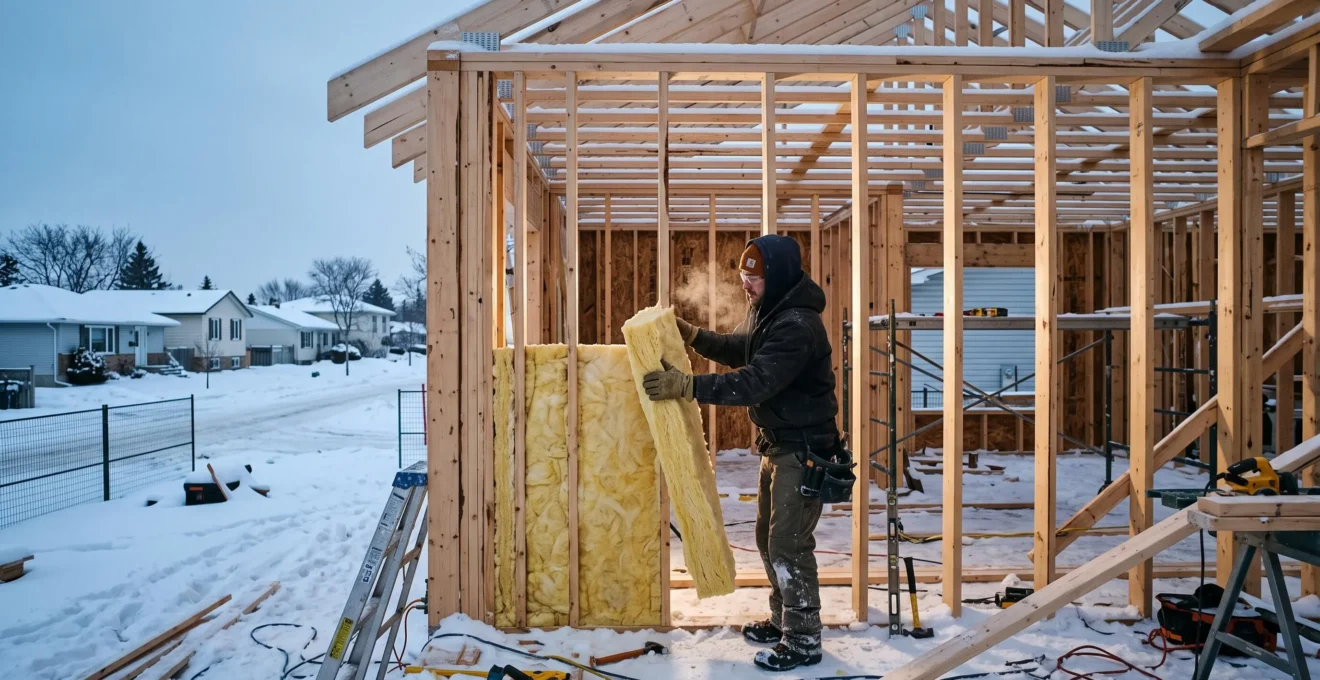 Un ouvrier installe un panneau d'isolant entre les montants d'un mur à ossature bois en construction dans un quartier résidentiel canadien en hiver.