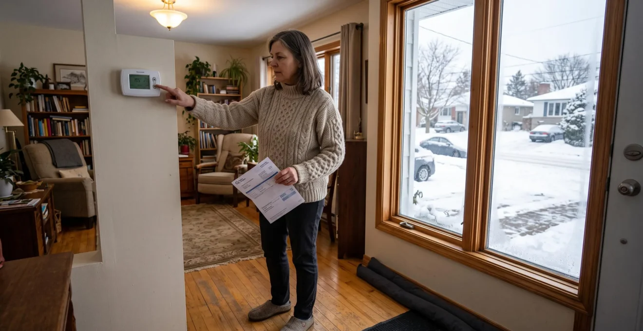 Une personne ajuste son thermostat dans une maison canadienne en hiver, une facture d'énergie à la main.