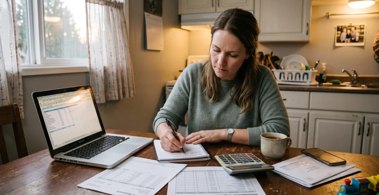 Une personne assise à la table de la cuisine calcule son budget mensuel avec un calculateur, un relevé bancaire imprimé et un carnet devant elle.