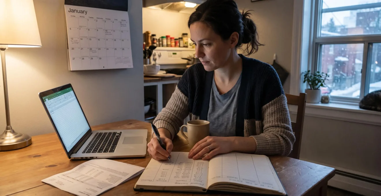Une femme compare un relevé bancaire et son tableau de suivi des cotisations et retraits de son CELI à sa table de cuisine.