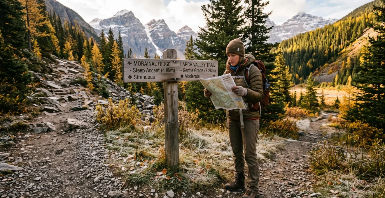 Un randonneur compare un panneau de sentier et une carte topographique à une intersection de sentiers dans les Rocheuses canadiennes en automne.