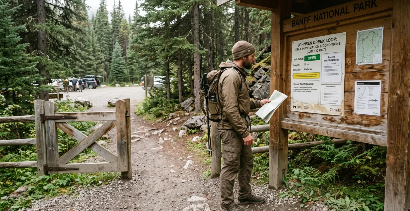 Un randonneur consulte le panneau d'information d'un sentier à l'entrée d'un parc national canadien, carte en main.