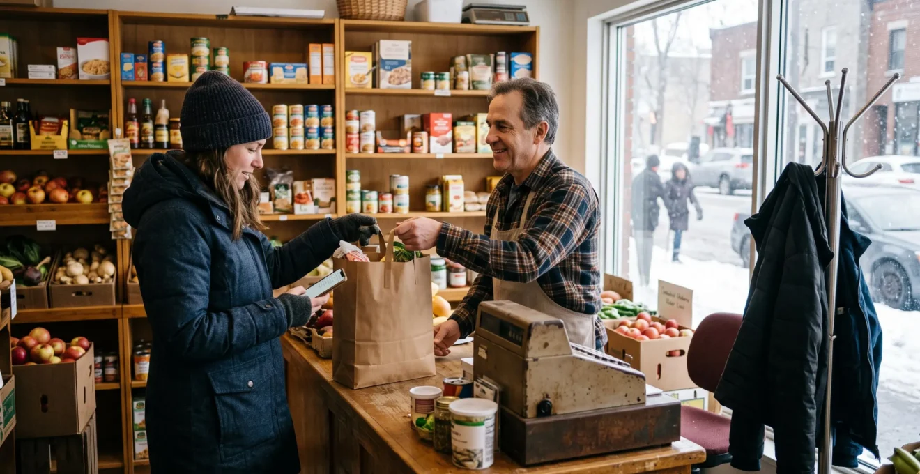 Un client récupère une commande préparée au comptoir d'une épicerie de quartier en hiver.