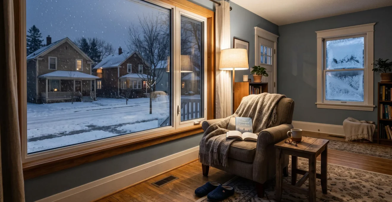 Salon d'une maison pendant l'hiver avec un fauteuil placé près d'une grande fenêtre à triple vitrage donnant sur une rue enneigée.