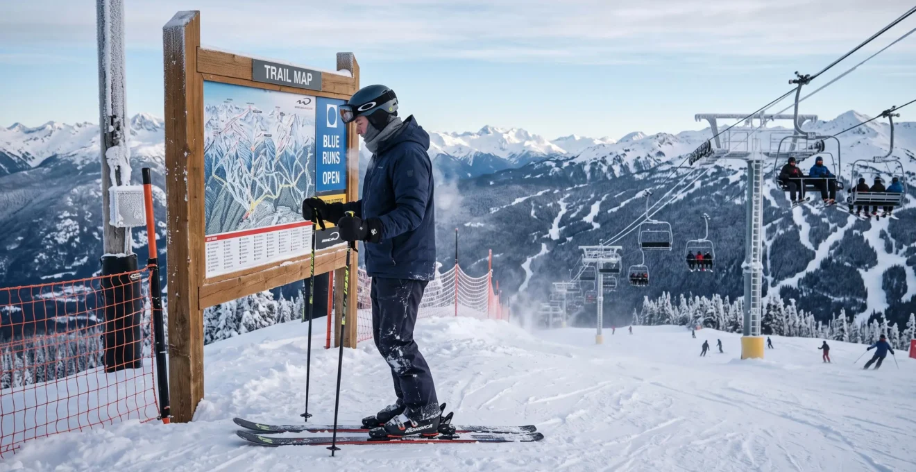Un skieur équipé de plusieurs couches de vêtements se tient au sommet d'une piste enneigée près de l'arrivée d'un télésiège dans une station canadienne, sous un vent chargé de poudrerie.