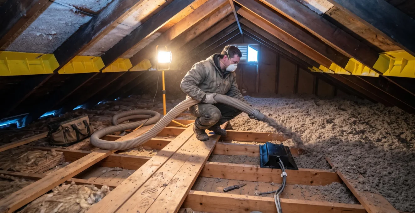 Un ouvrant Isolant entre couvre de laine soufflée le plancher d'un comble canadien en hiver, en respectant les évents de ventilation sous la toiture.