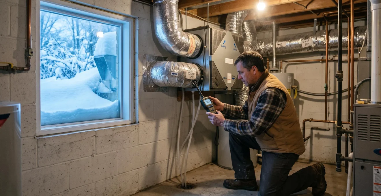 Un technicien mesure le débit d'air d'un récupérateur de chaleur installé dans un local mécanique d'une maison canadienne en hiver.