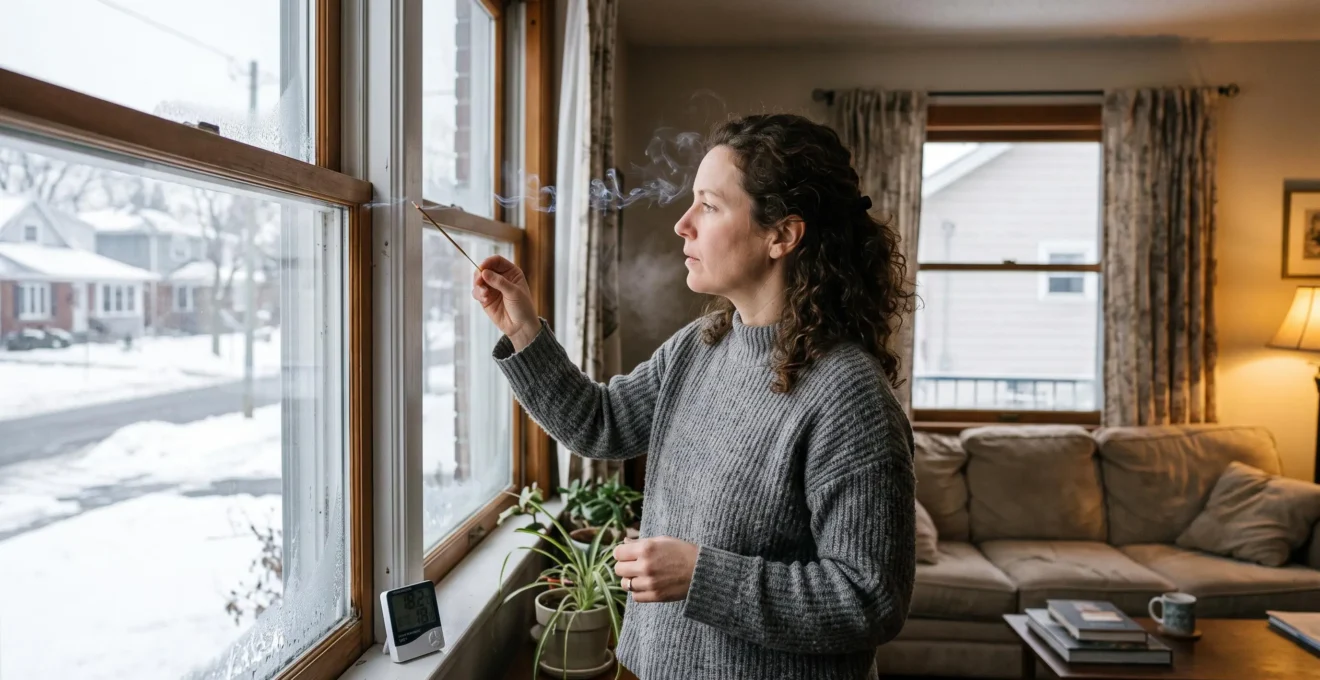Une personne passe un bâton d'encens fumant le long du joint d'une fenêtre pour repérer une infiltration d'air dans une maison canadienne en hiver.