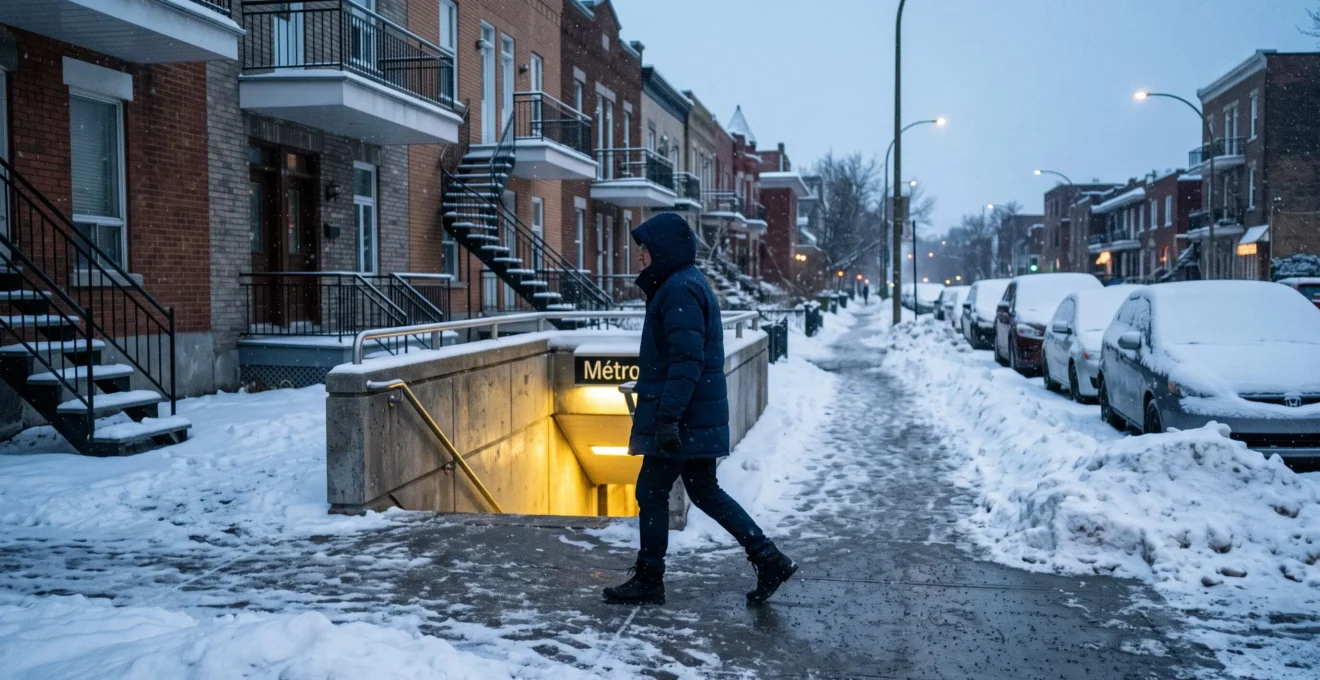 Une personne en manteau d'hiver marche sur un trottoir enneigé de Montréal vers l'entrée éclairée d'une station de métro, un matin d'hiver.