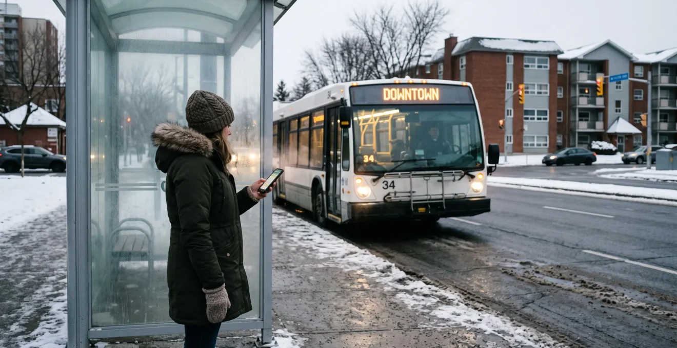 Une personne en manteau d'hiver consulte son téléphone à l'arrêt d'autobus pendant qu'un autobus s'approche dans une rue urbaine canadienne enneigée